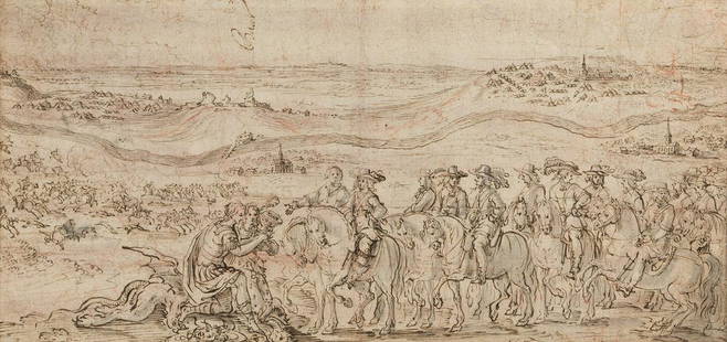 NICOLAS COCHIN (Troyes 1610-1686 Paris) Perseus and: NICOLAS COCHIN (Troyes 1610-1686 Paris) Perseus and Andromeda Pay Homage to the Young Louis XIV. Pen and brown ink and gray wash with traces of red chalk on cream laid paper. 153x320 mm; 6x12½ in