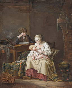 JEAN-BAPTISTE MALLET (Grasse 1759-1835 Paris) The Young: JEAN-BAPTISTE MALLET (Grasse 1759-1835 Paris) The Young Mother. Gouache on paper. 175x145 mm; 7x5¾ inches.Provenance: Christie's, Paris, November 27, 2002, lot 168; Sotheby's, New York, January 2