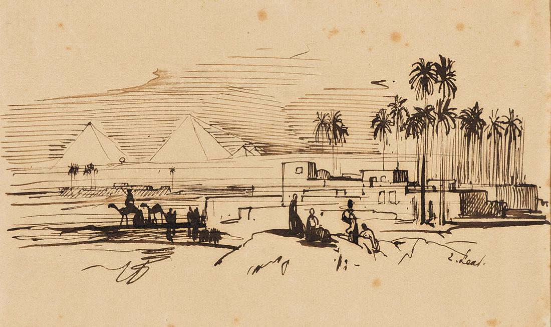 EDWARD LEAR (London 1812-1888 Sanremo) View of the: EDWARD LEAR (London 1812-1888 Sanremo) View of the Pyramids at Giza, Egypt. Pen and dark brown ink and wash on cream wove paper. 110x172 mm; 4½x7 inches. Signed in ink, lower right recto.Provenan
