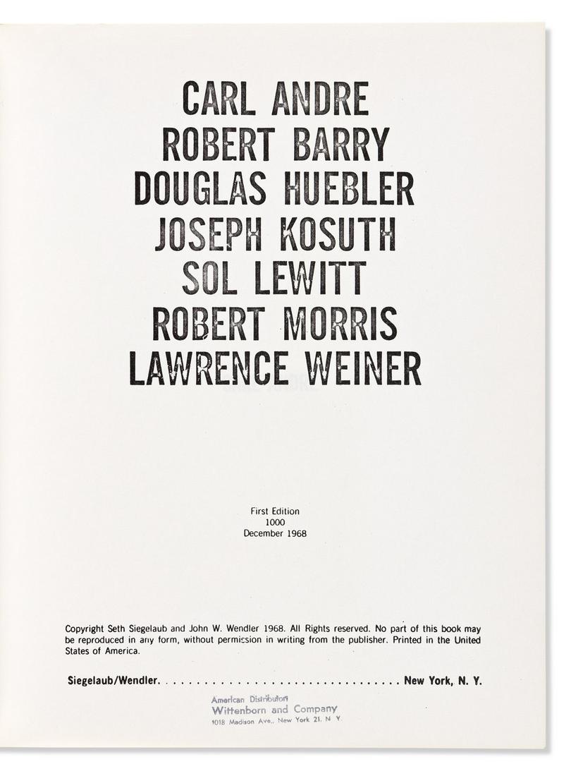 MULTIPLE ARTISTS. [The Xerox Book.]: MULTIPLE ARTISTS. [The Xerox Book.] Carl Andre, Robert Barry, Douglas Huebler, Joseph Kosuth, Sol LeWitt, Robert Morris, Lawrence Weiner. 4to, original white perfectbound printed wrappers; acetate dus