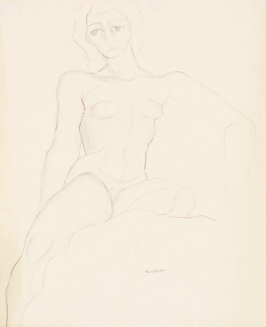 LOUISE NEVELSON Seated Nude.: LOUISE NEVELSON Seated Nude. Pencil and pen and ink on cream wove paper, circa 1930. 340x275 mm; 13¼x10¾ inches. Signed in pencil, lower right recto.Provenance: Albert Argentieri, New Jersey