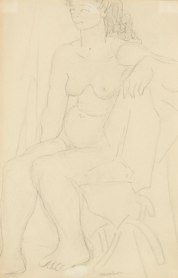 LOUISE NEVELSON Seated Nude on a Chair.: LOUISE NEVELSON Seated Nude on a Chair. Pencil on cream wove paper, circa 1930. 420x275 mm; 16½x10¾ inches. Signed in pencil, lower right recto.Provenance: Albert Argentieri, New Jersey, fri