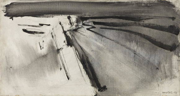 HANS MOLLER Gray Coast.: HANS MOLLER Gray Coast. Oil on canvas, 1959. 410x760 mm; 16x30 inches. Signed and dated in oil, lower right recto, and signed, dated, titled and inscribed "#221" in pencil on the stretcher bar verso.O