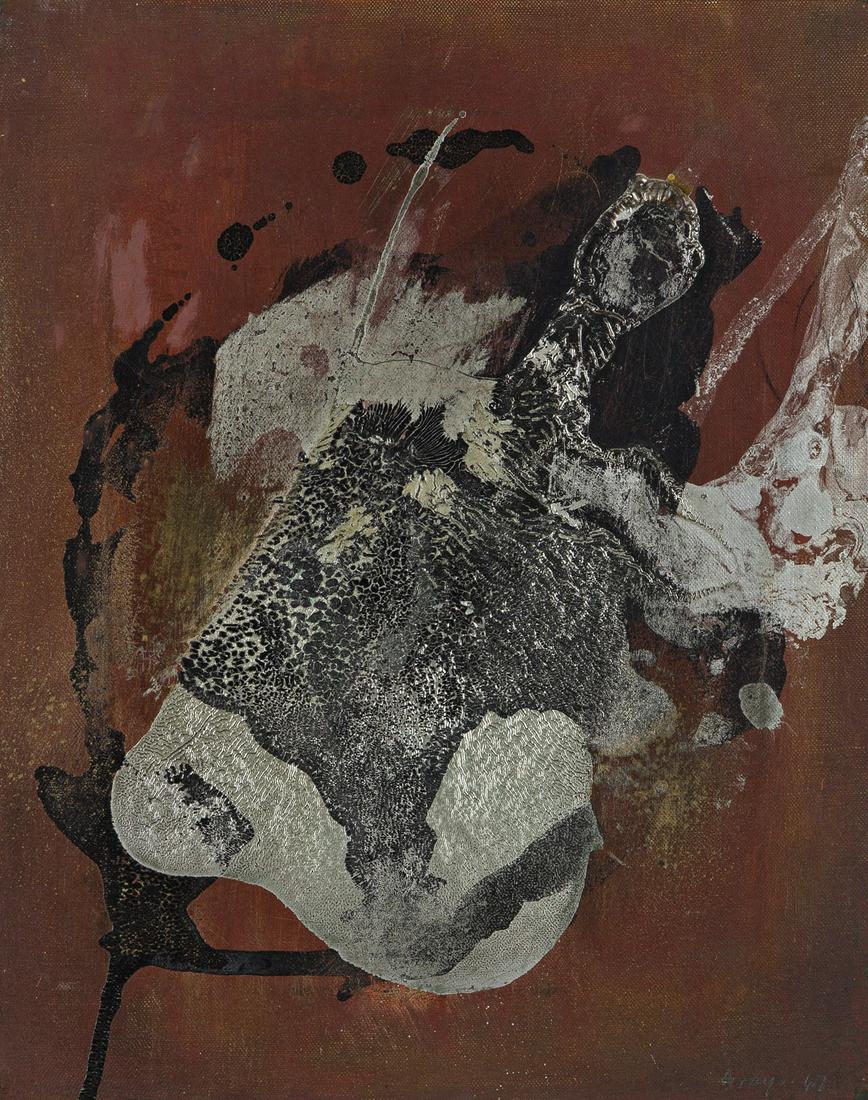 CLEVE GRAY Thirteenth Augury.: CLEVE GRAY Thirteenth Augury. Oil and aluminum paint on linen, 1967. 381x305 mm; 15x12 inches. Signed and dated in pencil, lower right recto, and titled in oil, verso.Provenance: Private collection, C