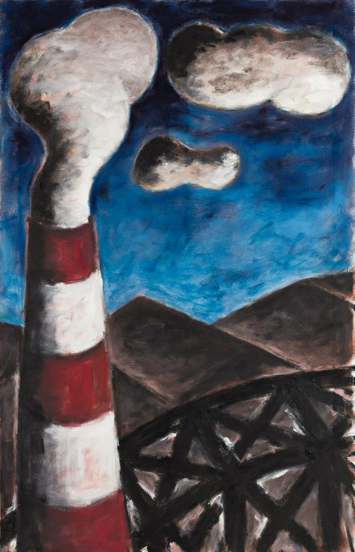 DIETER HACKER Archaische Landshaft, 7 July 1983.: DIETER HACKER Archaische Landshaft, 7 July 1983. Oil on canvas, 1983. 1800x1150 mm; 70¾x45¼ inches. Signed, titled and dated in oil, verso. Provenance: Acquired from the artist; Marlborough