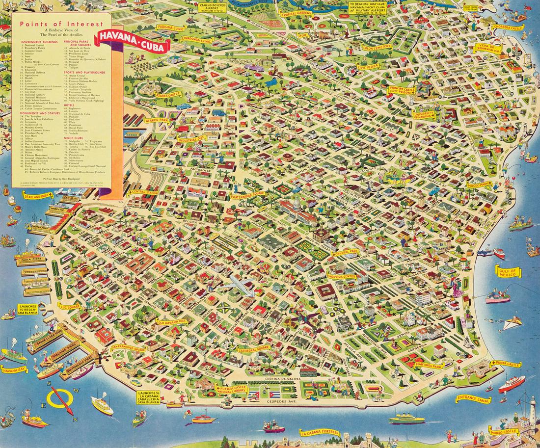 DON BLOODGOOD (DATES UNKNOWN). HAVANA - CUBA / POINTS: DON BLOODGOOD (DATES UNKNOWN) HAVANA - CUBA / POINTS OF INTEREST. 1952. 18x21¾ inches, 45¾x55¼ cm. H.S. Crocker Co., Inc, San Francisco. Condition A-: repaired tears and minor restorati