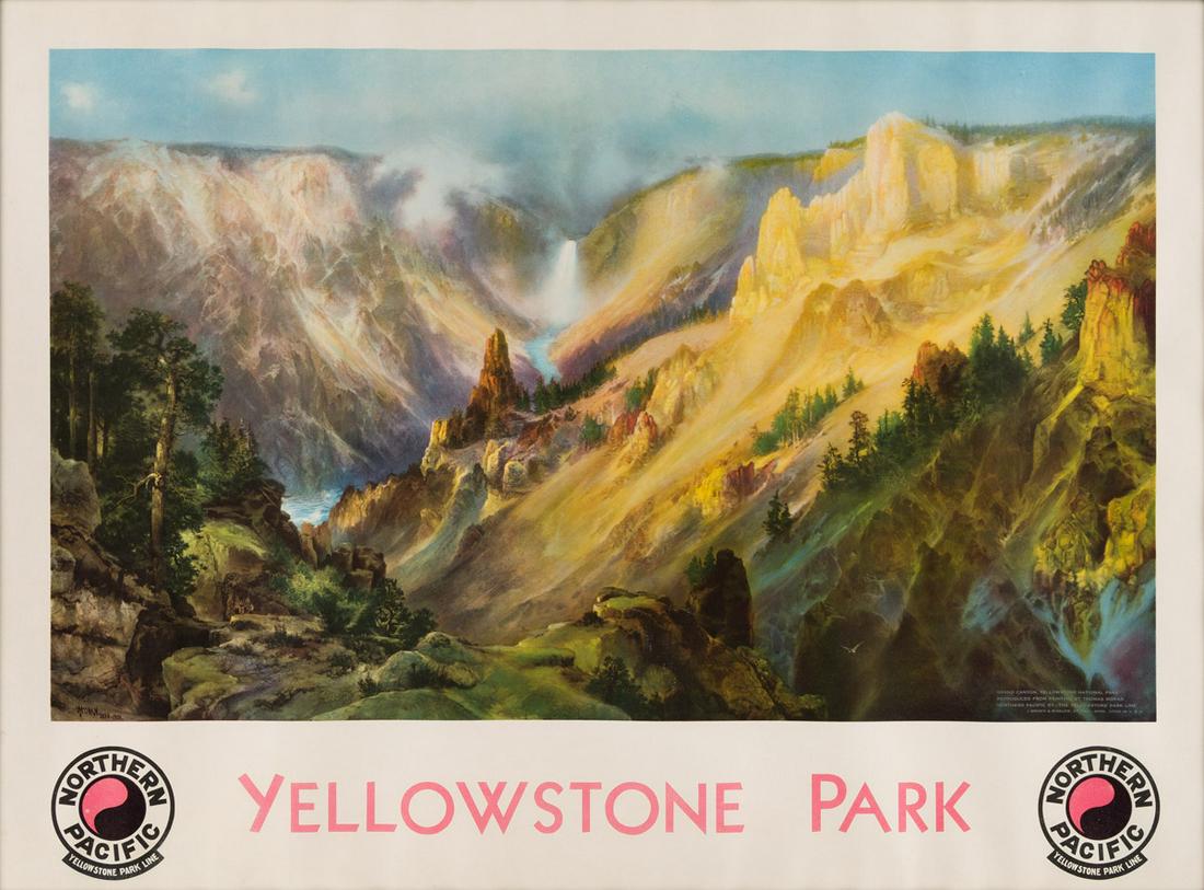 D'APRÈS THOMAS MORAN (1837-1926). YELLOWSTONE: D'APRÈS THOMAS MORAN (1837-1926) YELLOWSTONE PARK / NORTHERN PACIFIC. 1924. 29½x39½ inches, 75x100¼ cm. Brown & Bigelow, St. Paul. Condition B+: repaired tears and overpainting in