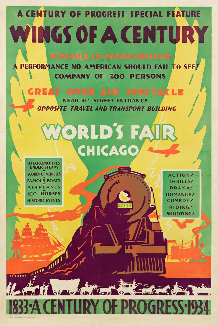 WEIMER PURSELL (1906-1974). WINGS OF A CENTURY /: WEIMER PURSELL (1906-1974) WINGS OF A CENTURY / WORLD'S FAIR CHICAGO. 1934. 41x27¾ inches, 104x70½ cm. Neely Printing Company, Chicago. Condition B: extensive repaired tears, creases and ove