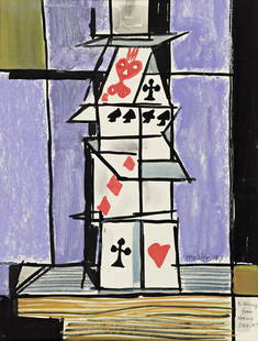 HANS MOLLER (1905 - 2000, GERMAN/AMERICAN) Untitled,: HANS MOLLER (1905 - 2000, GERMAN/AMERICAN) Untitled, (Card Tower). Gouache and pastel on illustration board, 1947. Signed, Moller, and dated, 47, lower right. Inscribed, To Henry from Hans Dec, 47, lo