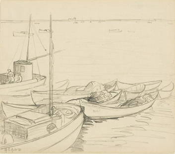 GEORGE AULT (1891 - 1948, AMERICAN) Provincetown, Mass.: GEORGE AULT (1891 - 1948, AMERICAN) Provincetown, Mass. Boats. Pencil on paper, 1921. Signed, G.C. Ault, and dated, '21, lower left. Inscribed with artist's mark, dated, Aug. 1921, and inscribed as ti