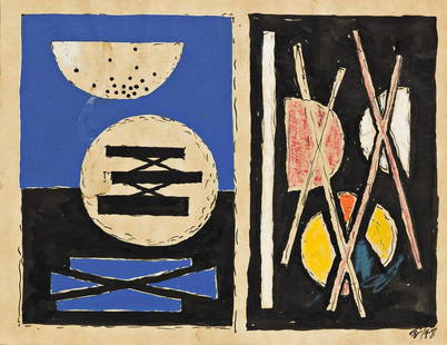 RICHARD FILIPOWSKI (1923 - 2008, AMERICAN) Untitled.: RICHARD FILIPOWSKI (1923 - 2008, AMERICAN) Untitled. Gouache, ink, and pastel on paper tipped to card, 1948. Signed, F, and dated, 48, lower right. Inscribed, Happy birthday to Ann, signed, Filip, and