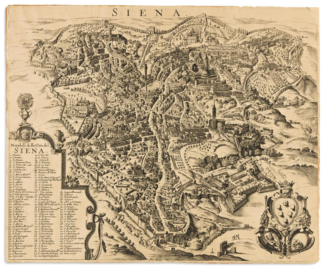 (ITALY.) Wenceslaus Hollar; after Francesco Vanni.: (ITALY.) Wenceslaus Hollar; after Francesco Vanni. Siena. Etched and engraved perspective map of the Tuscan city of Siena with a 110-point reference key of notable locations. 14½x17½ inches