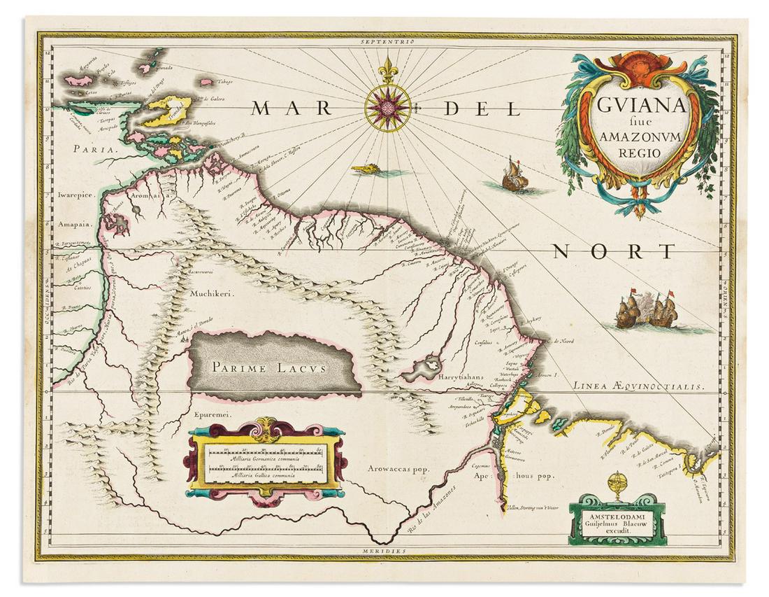 (LAKE PARIME -- EL DORADO.) Willem Blaeu. Guiana sive: (LAKE PARIME -- EL DORADO.) Willem Blaeu. Guiana sive Amazonum Regio. Double-page engraved map of northeastern South America featuring the large mythical lake and lost city of gold. 15¾x20 inches