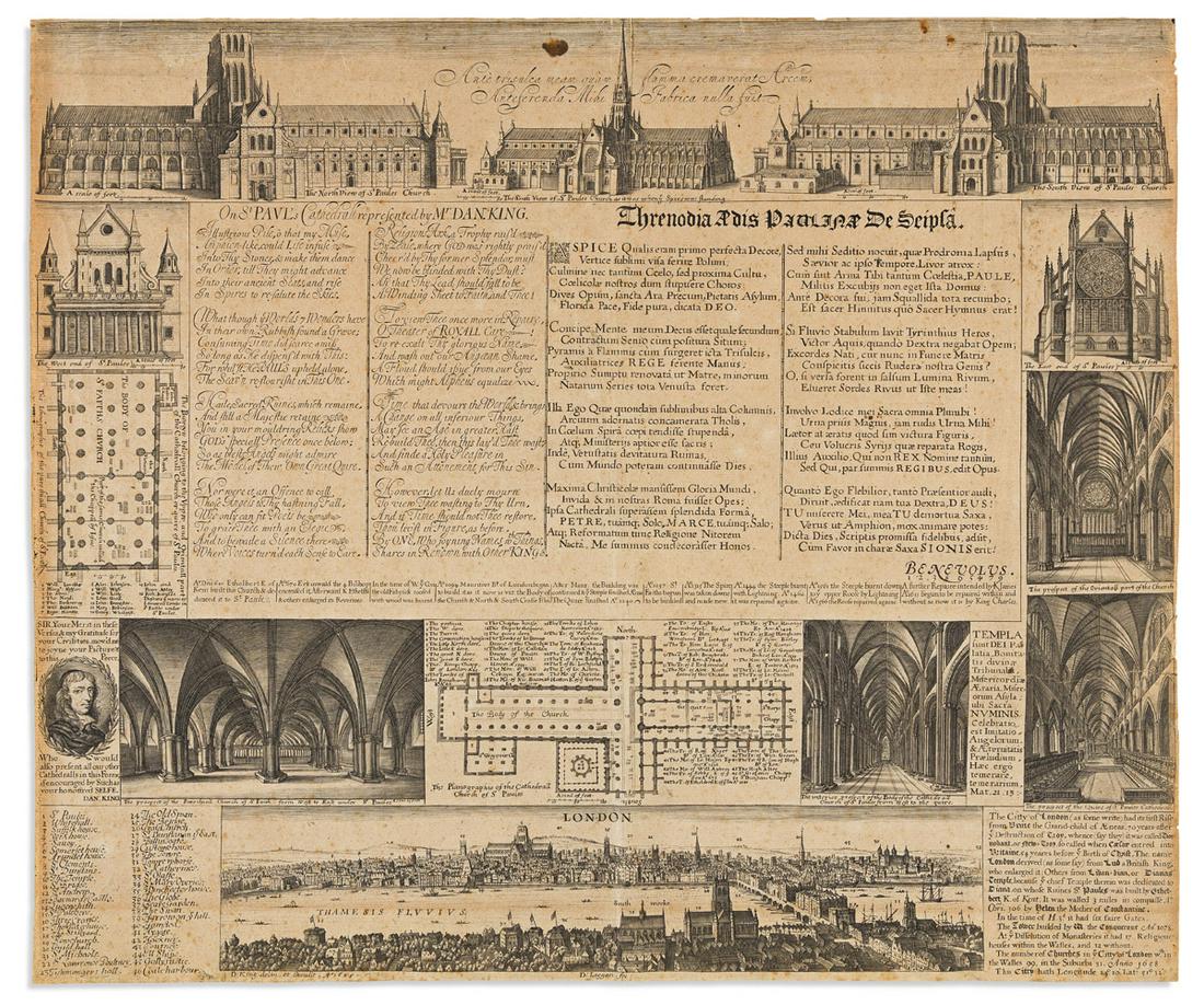(LONDON.) David Loggan (engr.); after Daniel King. On: (LONDON.) David Loggan (engr.); after Daniel King. On St. Paul's Cathedrall Represented by Mr. Dan. King. Engraved broadside comprising an 8-stanza poem by Edward Benlowes in English and Latin surroun