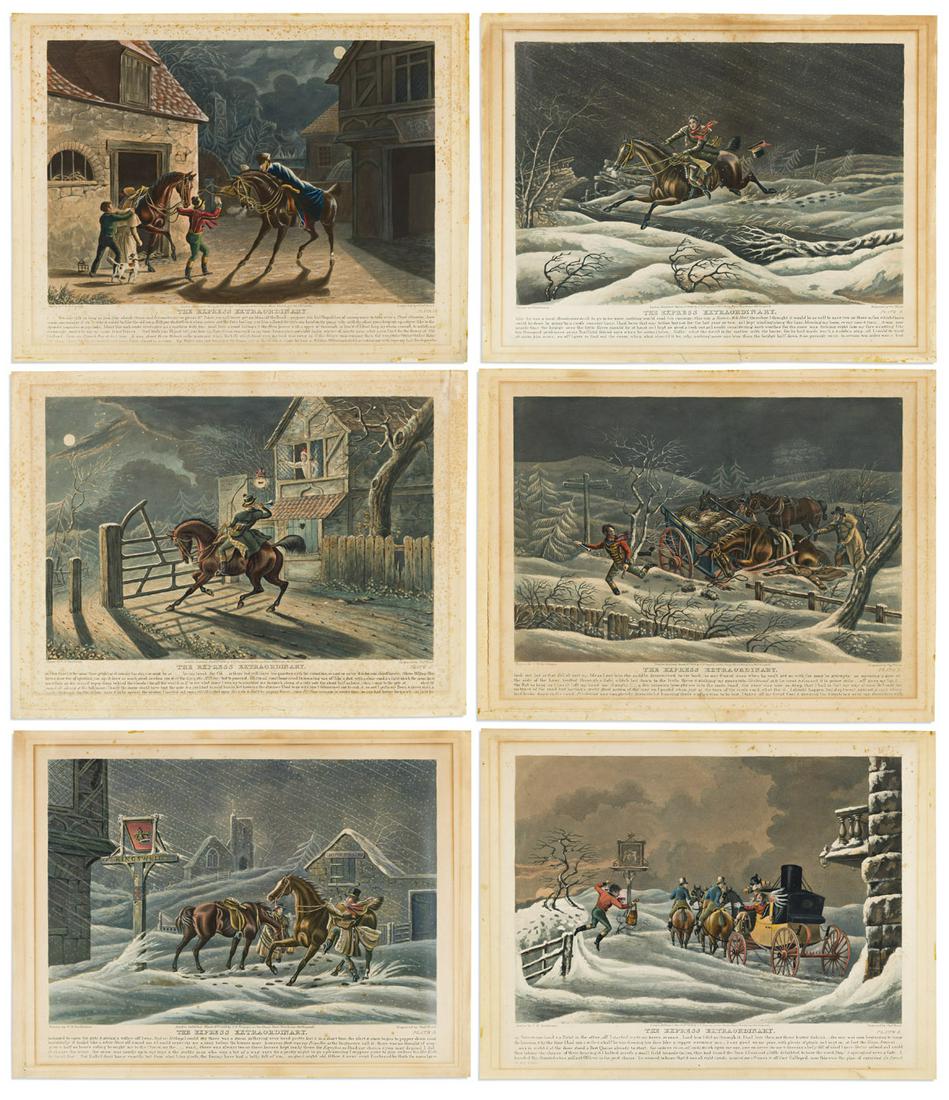 (POST RIDERS.) Charles B. Newhouse; and Charles Hunt: (POST RIDERS.) Charles B. Newhouse; and Charles Hunt (engr). The Express Extraordinary. Set of 6 finely hand-colored aquatint plates. Approximately 14¼x18½ inches each sheet size; mat stain,