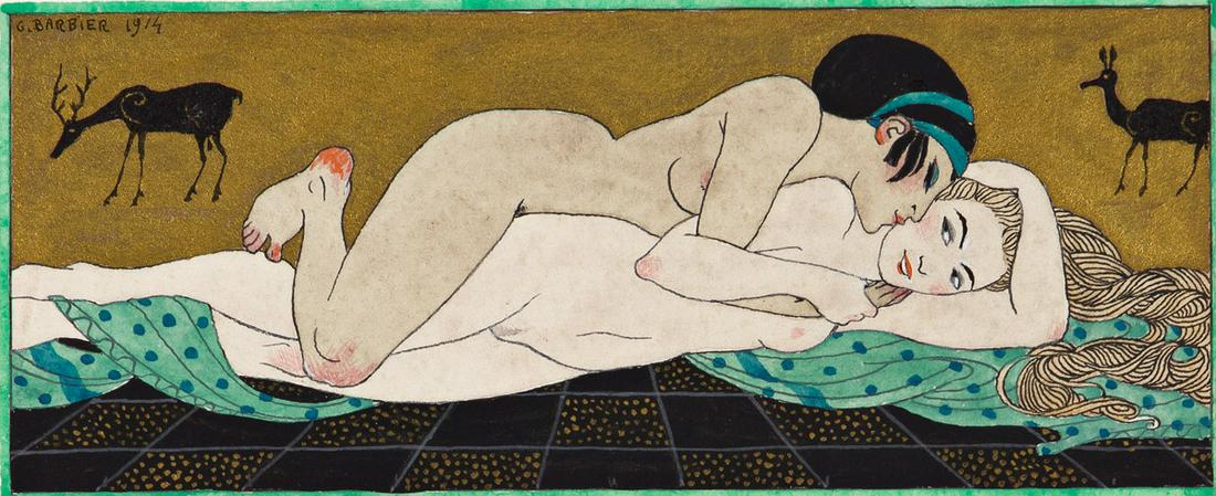 GEORGE BARBIER (1882-1932) "Tendresses" * "La Flû: GEORGE BARBIER (1882-1932) "Tendresses" * "La Flûte" * "La Nuit." Together, three headpieces for Les Chansons de Bilitis by Pierre Loüys (Paris: Pierre Corrard, 1922). Mixed media, including