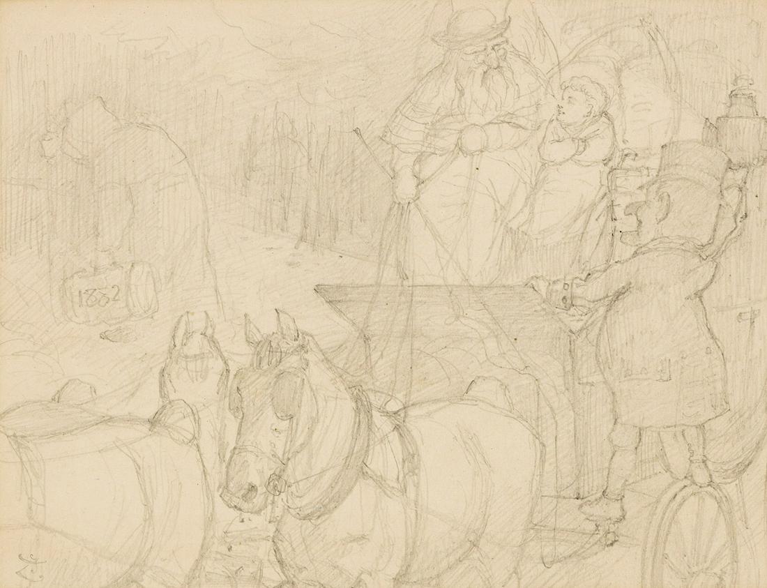 SIR JOHN TENNIEL (1820-1914) "The New Passenger.": SIR JOHN TENNIEL (1820-1914) "The New Passenger." Preliminary drawing for an illustration published in Punch magazine, January 6, 1883. Graphite on paper. 160x208 mm; 6¼x8 inches, on 7½x10&#