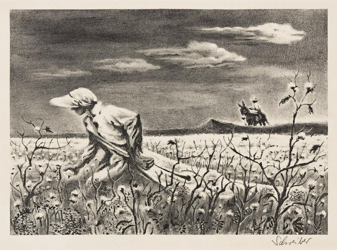GEORGES SCHREIBER (1904-1977) Two lithographs.: GEORGES SCHREIBER (1904-1977) Two lithographs. Cotton Pickers. 237x335 mm; 9x13 inches, full margins. 1943. * Evening in South Carolina. 243x336 mm; 9½x13 inches, full margins. 1947. Both an edit