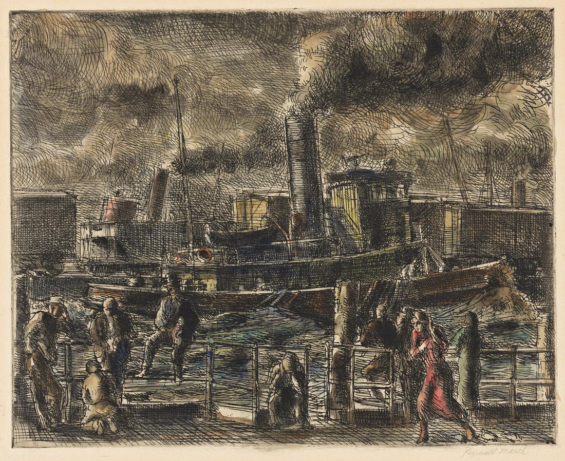 REGINALD MARSH (1898-1954) Tug at Battery.: REGINALD MARSH (1898-1954) Tug at Battery. Etching with hand coloring in watercolor. 200x250 mm; 8x9 inches, full margins. Second state (of 2). Edition of approximately only 20 (few of which were hand
