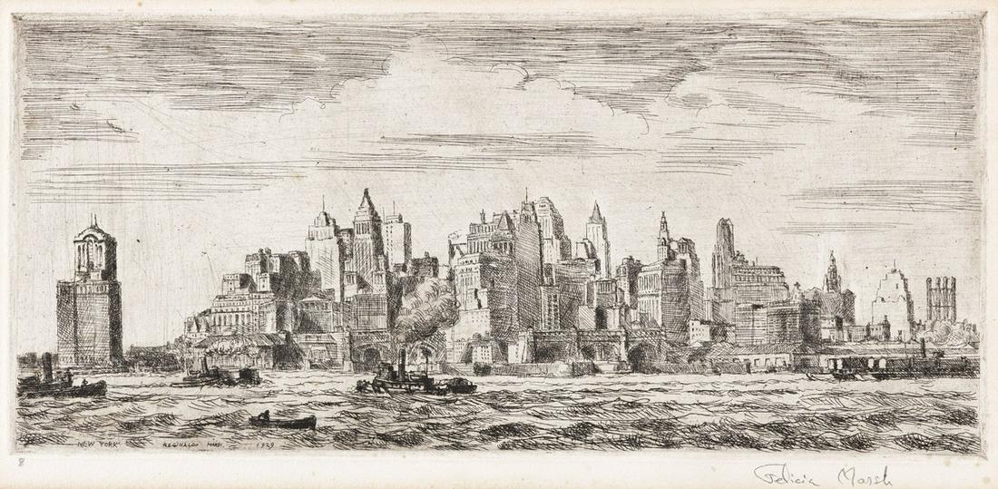 REGINALD MARSH (1898-1954) Skyline from Governor's: REGINALD MARSH (1898-1954) Skyline from Governor's Island. Etching. 130x288 mm; 5x11¼ inches, wide margins. Fourth state (of 7). One of only 16 proofs aside from the published edition of 50. Numb