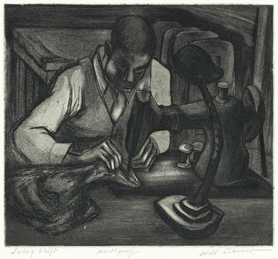 WILL BARNET (1911-2012) Swing Shift.: WILL BARNET (1911-2012) Swing Shift. Etching and aquatint. 249x270 mm; 9x10 inches, wide margins. Artist's proof, aside from the edition of 30. Signed and inscribed "Artist's Proof" in pencil, lower m