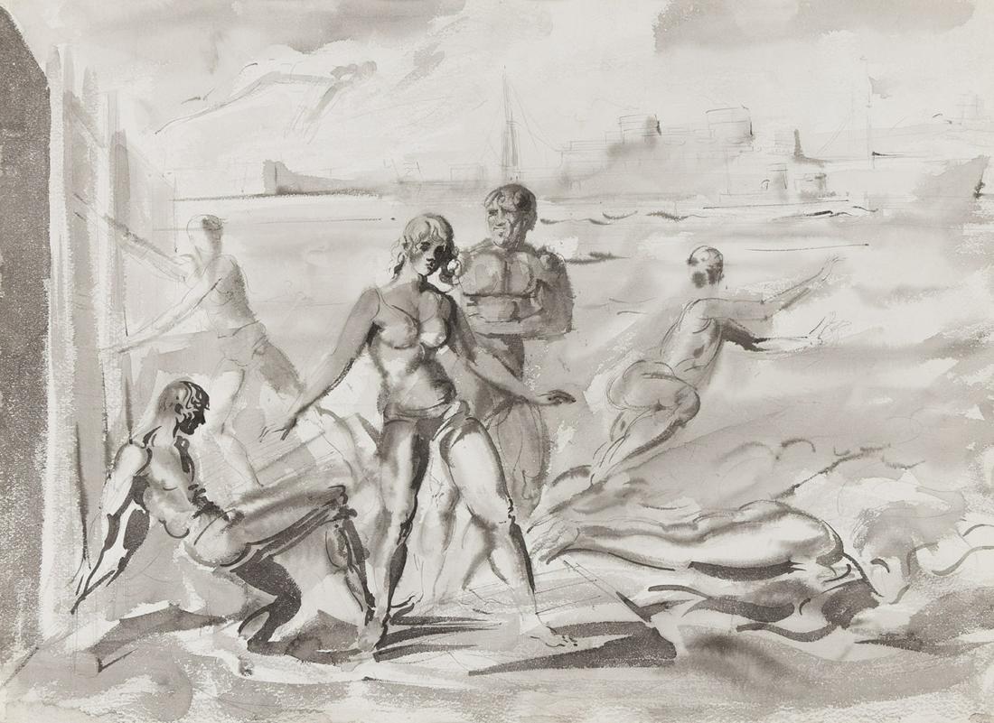 REGINALD MARSH (1898-1954) Bathers at a Pier, New York: REGINALD MARSH (1898-1954) Bathers at a Pier, New York * Bathers Swimming. Brush and ink and wash on heavy cream wove paper, double-sided. 570x785 mm; 22½x31 inches. Signed and dated in ink lower