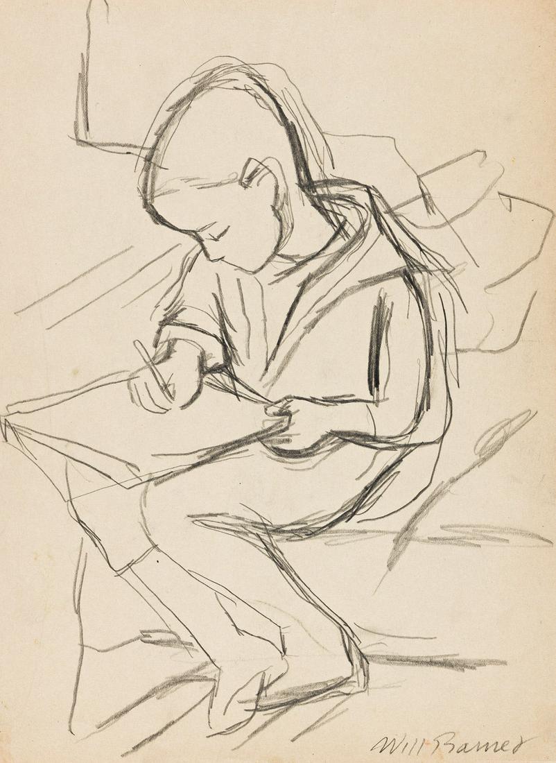 WILL BARNET (1911-2012) Young Boy Sketching.: WILL BARNET (1911-2012) Young Boy Sketching. Pencil on notepaper, double-sided, with a figure studies in pencil, verso. 302x227 mm; 12x9 inches. Signed in pencil, lower right recto. Circa 1940.Provena