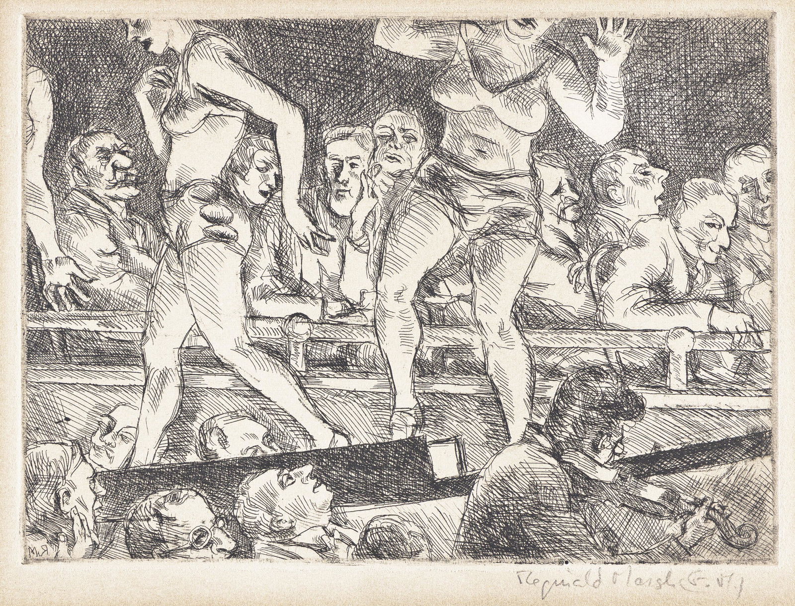 REGINALD MARSH (1898-1954) Burlesk Runway.: REGINALD MARSH (1898-1954) Burlesk Runway. Etching. 127x171 mm; 5x6¾ inches, full margins. Third state (of 3). Edition of approximately only 17. Signed "Reginald Marsh (F. M.)" by the artist's wi