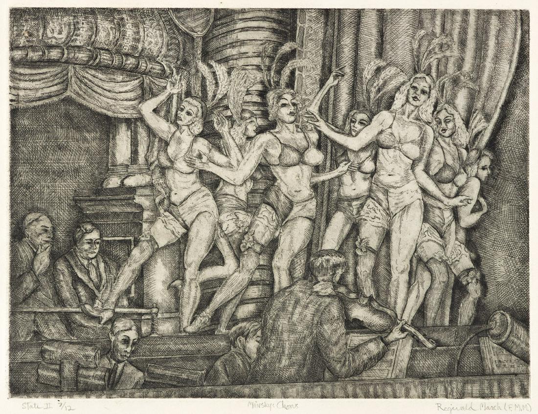 REGINALD MARSH (1898-1954) Minsky's New Gotham Chorus.: REGINALD MARSH (1898-1954) Minsky's New Gotham Chorus. Etching. 227x300 mm; 8x11 inches, full margins. Signed "Reginald Marsh," titled and annotated "State II 7/12" by the artist's wife, Felicia Marsh