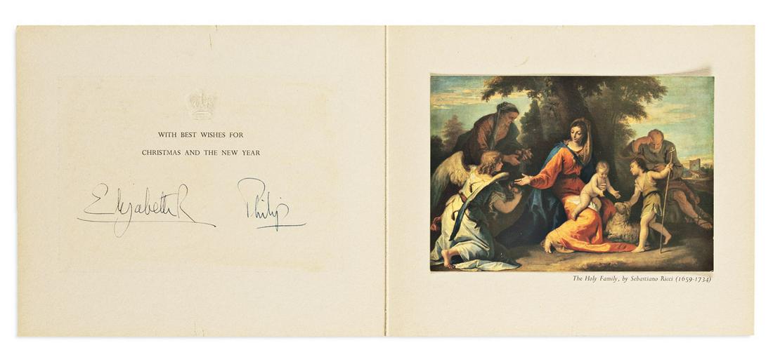 ELIZABETH II; QUEEN OF THE UK; AND PHILIP; DUKE OF: ELIZABETH II; QUEEN OF THE UK; AND PHILIP; DUKE OF EDINBURGH. Christmas card Signed by both, "Elizabeth R" and "Philip," including reproduction of Sebastiano Ricci's painting The Holy Family mounted t