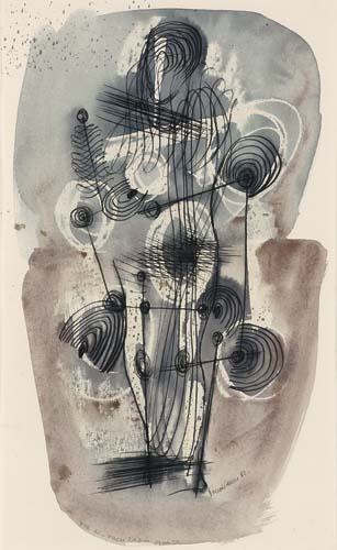 KONRAD CRAMER Modernist Figure.: KONRAD CRAMER Modernist Figure. Watercolor with resist and pen and ink on white laid paper mounted to cream cardstock, 1952. 475x295 mm; 18 5/8x11 5/8 inches. Signed and dated in watercolor, lower rig