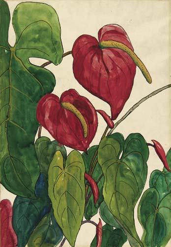 JANE PETERSON Red Lilies.: JANE PETERSON Red Lilies. Gouache and ink on cream laid paper. 508x355 mm; 20x14 inches. Signed in ink, lower right. All items are offered for sale subject to Swann Galleries' standard terms and