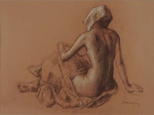 ROBERT BRACKMAN Seated Nude.: ROBERT BRACKMAN Seated Nude. Color oil pastels on reddish orange wove paper. 505x645 mm; 19 1/2x25 1/2 inches. Signed in pastel, lower right. All items are offered for sale subject to Swann Gall