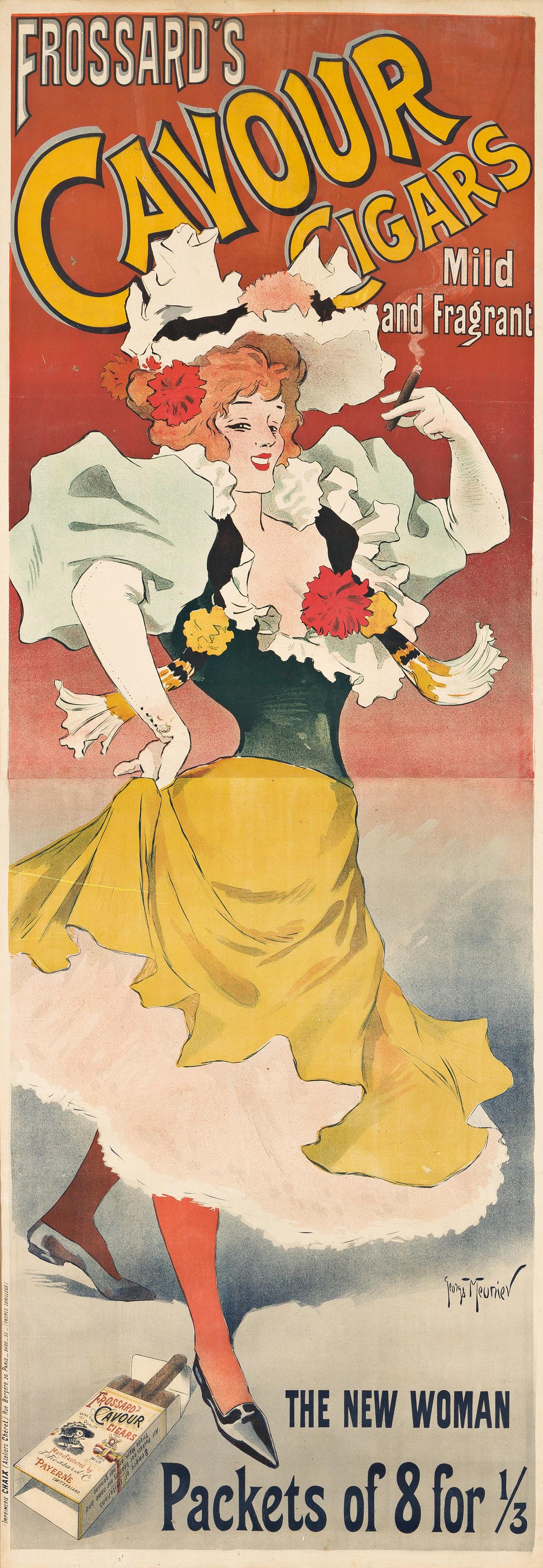 GEORGES MEUNIER (1869-1942). FROSSARD'S CAVOUR CIGARS.: GEORGES MEUNIER (1869-1942) FROSSARD'S CAVOUR CIGARS. 1895. 96x33¾ inches, 243¾x85¾ cm. Chaix, Paris. Condition B+: repaired tears, creases and restoration in margins and image; minor r