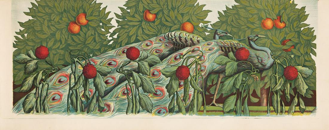 ALFRED MÜLLER (1869-1940). [PEACOCKS.] 1901.: ALFRED MÜLLER (1869-1940) [PEACOCKS.] 1901. 24¾x62¾ inches, 62¾x159¼ cm. Condition A-: small repaired tears, repaired losses and creases in margins; minor creases in image; to