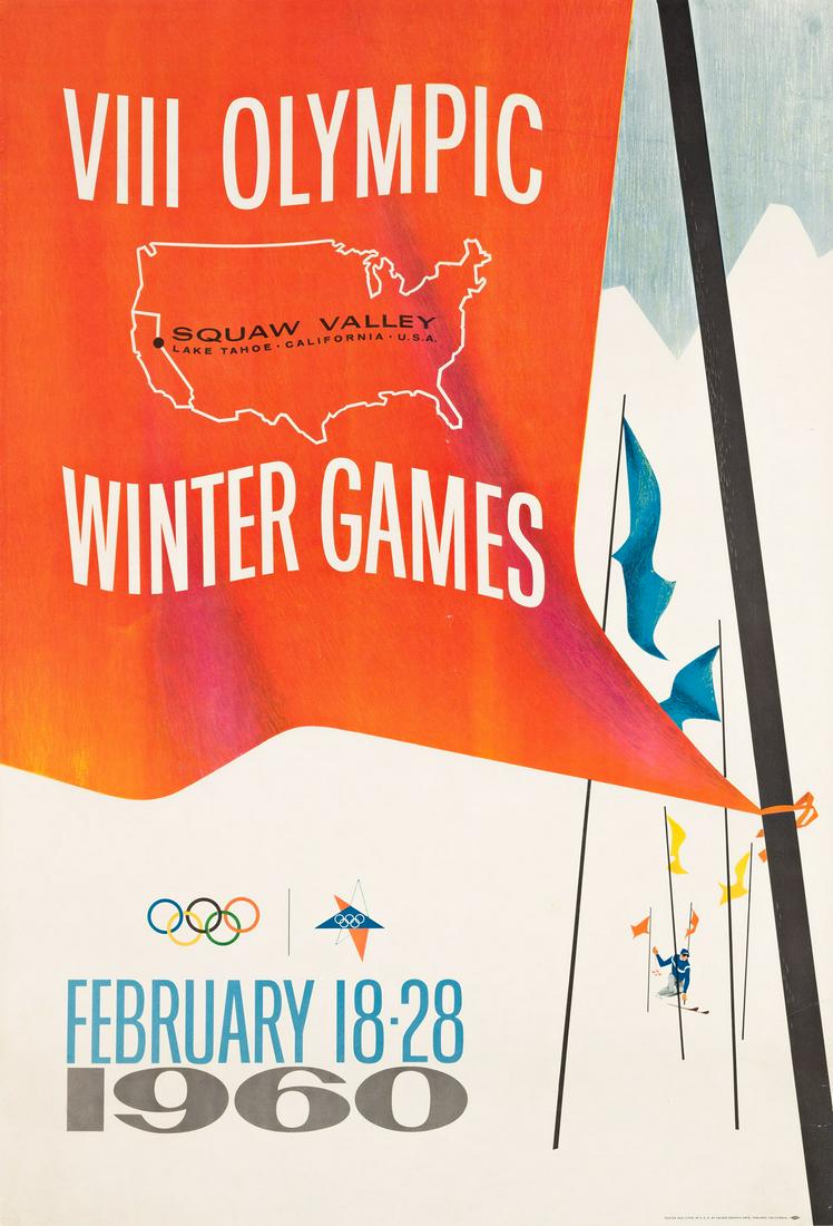 JACK GALLIANO (1922-2009). VIII OLYMPICS WINTER GAMES: JACK GALLIANO (1922-2009) VIII OLYMPICS WINTER GAMES / SQUAW VALLEY. 1960. 35¼x23¾ inches, 89½x60¼ cm. Kaiser Graphic Arts, Oakland. Condition B: repaired tear from top center edge