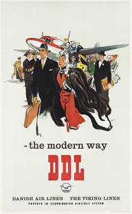 OTTO NIELSEN (1916-2000). DANISH AIR LINES / THE: OTTO NIELSEN (1916-2000) DANISH AIR LINES / THE MODERN WAY. 1948. 39¾x24 inches, 99¾x61 cm. IB Magnusson, Denmark. Condition A / A-: minor restoration in margins and along vertical and horiz
