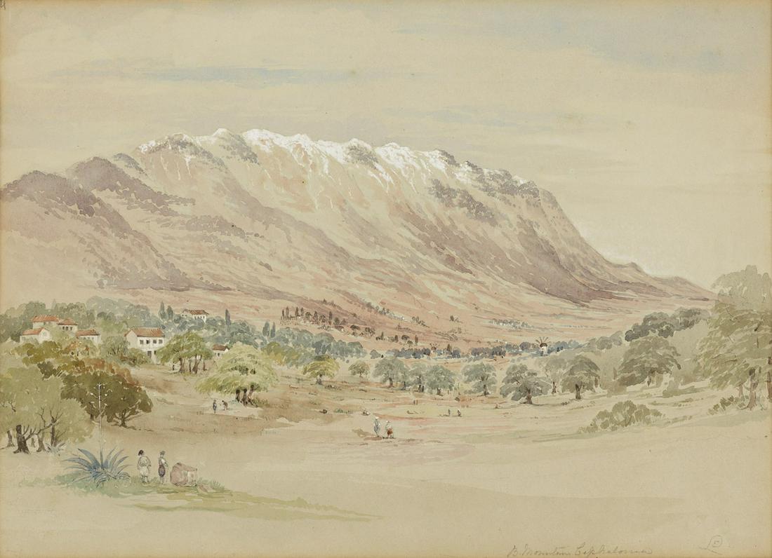 EDWARD LEAR Black Mountain, Cephalonia. Watercolor on wove paper, circa 1863. 260x360 mm; 10¼: EDWARD LEAR Black Mountain, Cephalonia. Watercolor on wove paper, circa 1863. 260x360 mm; 10¼x14¼ inches. Initialed and titled in pencil, lower right recto, and annotated "4" in pencil, uppe