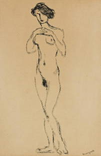 ALBERT MARQUET Nu debout. Brush and ink on paper mounted on card stock, circa 1900. 305x221 mm; 12x9: ALBERT MARQUETNu debout.Brush and ink on paper mounted on card stock, circa 1900. 305x221 mm; 12x9 inches. Signed in crayon, lower right recto.Provenance: Private collection, Chicago.