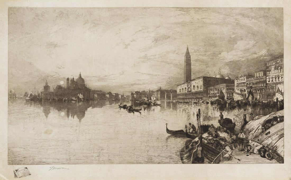 THOMAS MORAN (after) The Gates of Venice.Etching, drypoint and roulette on imitation Japan paper,: THOMAS MORAN (after) The Gates of Venice.Etching, drypoint and roulette on imitation Japan paper, 1888. 455x800 mm; 18x31½ inches, full margins. Signed by Moran in pencil, lower left, and with th