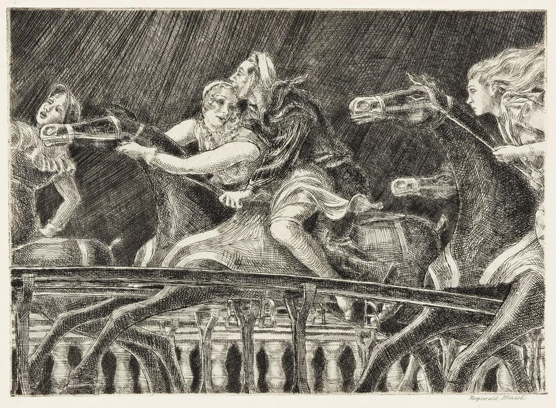 REGINALD MARSH Steeplechase. Etching, 1932. 198x277 mm; 7x10 inches, full margins. Tenth state (of: REGINALD MARSH Steeplechase. Etching, 1932. 198x277 mm; 7x10 inches, full margins. Tenth state (of 10). Edition of approximately only 25. Signed, titled and numbered "2-" (partially effaced) in pencil