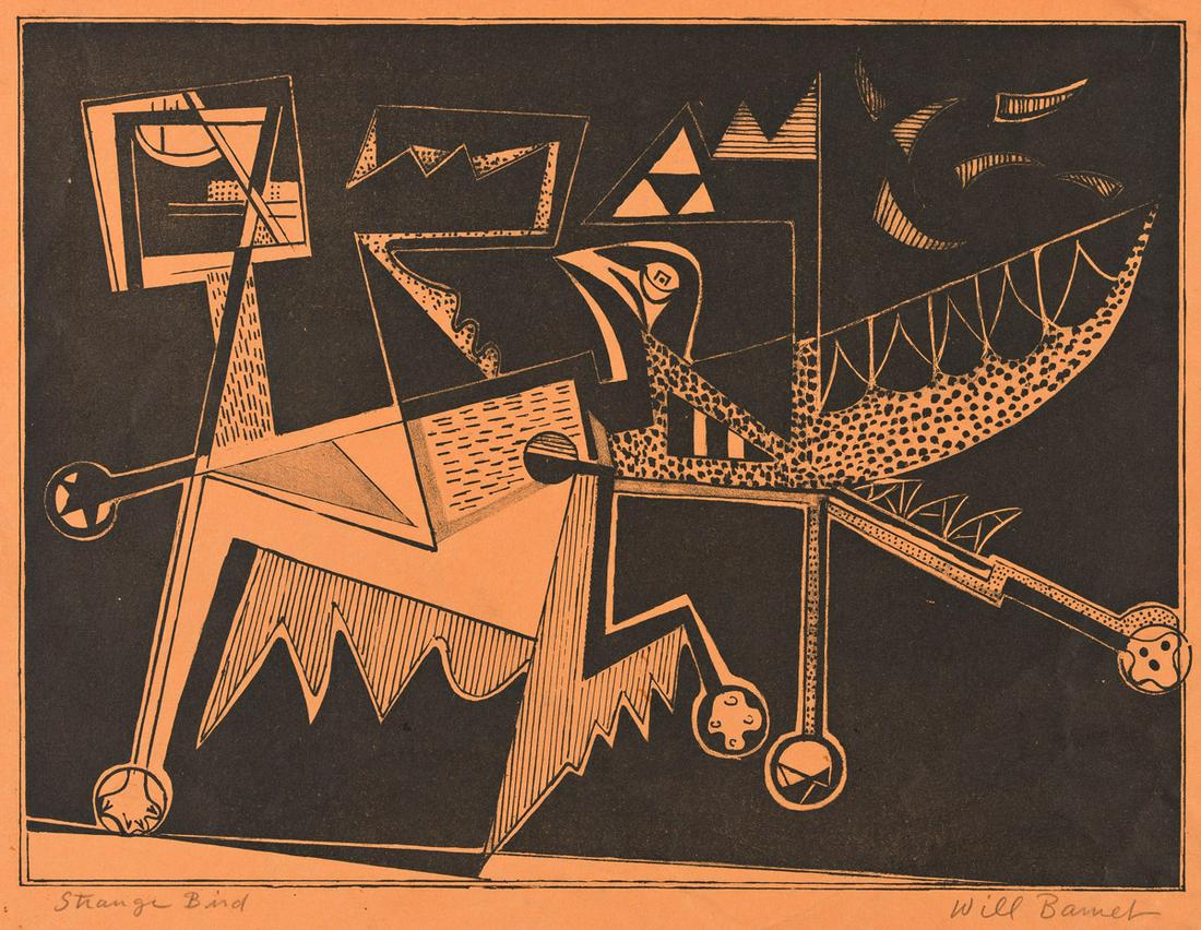 WILL BARNET Strange Bird. Lithograph on red wove paper (attenuated to orange), 1947. 252x338 mm;: WILL BARNET Strange Bird. Lithograph on red wove paper (attenuated to orange), 1947. 252x338 mm; 10x13¼ inches, full margins. Edition of 300. Signed and titled in pencil, lower margin. Published