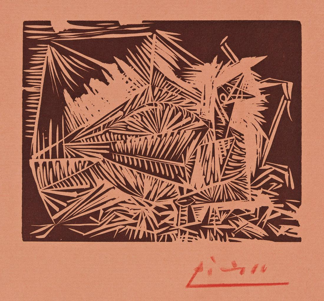 PABLO PICASSO Le Pigeonneau. Linoleum cut printed in reddish brown in pale reddish orange wove (1 of 1)