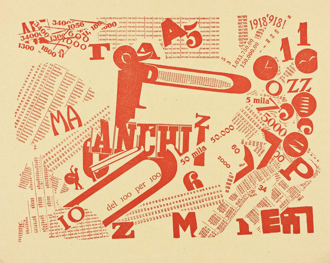 FILIPPO TOMMASO MARINETTI Une assemblée tumultueuse (Sensibilité numérique).: FILIPPO TOMMASO MARINETTI Une assemblée tumultueuse (Sensibilité numérique). Letterpress printed in red on yellowish light tan paper, 1919. 311x387mm; 12¼x15¼ inches (sheet),