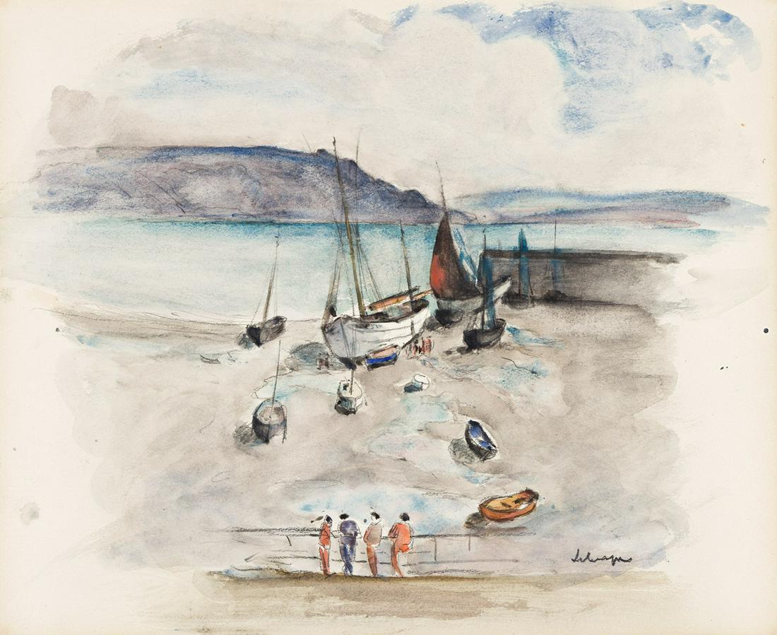 HENRI LEBASQUE Marine (Barques). Watercolor and pencil on paper, circa 1900. 316x393 mm; 12½: HENRI LEBASQUE Marine (Barques). Watercolor and pencil on paper, circa 1900. 316x393 mm; 12½x15½ inches. Signed in pencil, lower right recto. Provenance: Galerie Europe, Paris, with the labe