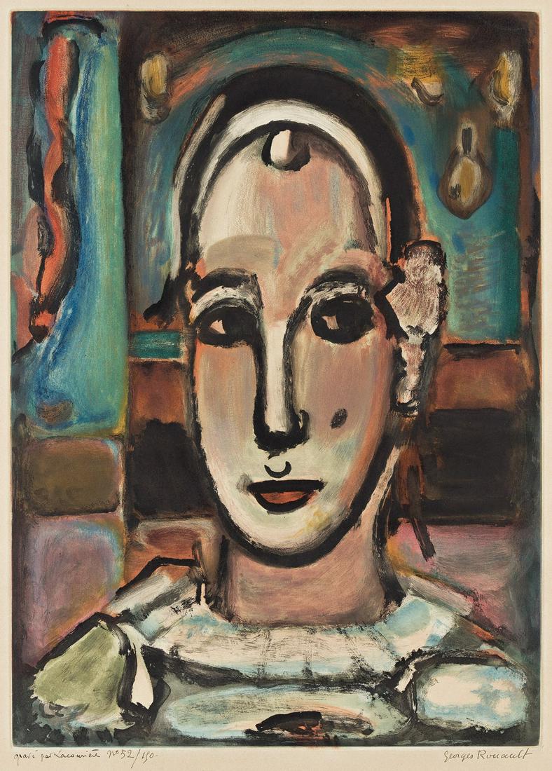 GEORGES ROUAULT (after)Pierrot. Color aquatint on cream wove paper, circa 1950. 540x390 mm; 21¼ (1 of 2)