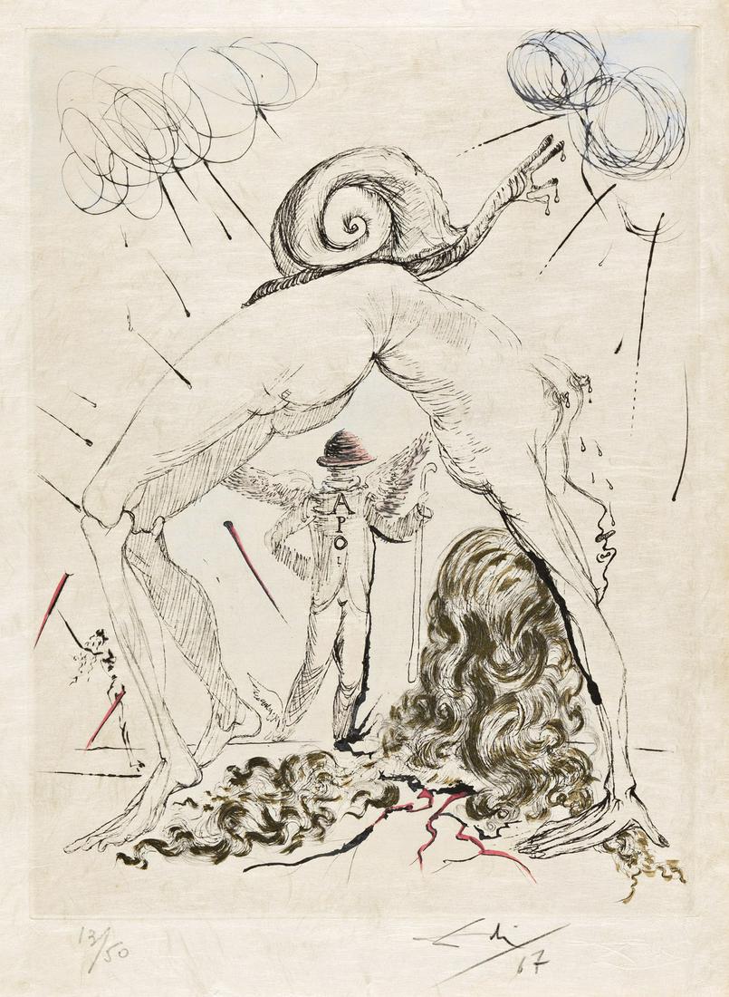 SALVADOR DALÍ Nu à l'Escargot. Color drypoint on Japon nacré, 1967. 320x242 mm; (1 of 1)