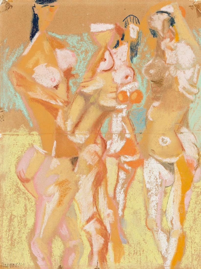 FAUSTO PIRANDELLO Gruppo di Figure Femminile. Color pastels on tan wove paper, 1954. 240x178 mm;: FAUSTO PIRANDELLO Gruppo di Figure Femminile. Color pastels on tan wove paper, 1954. 240x178 mm; 9½x7 inches. Signed in pencil, lower left recto.Provenance: World House Galleries, New York, with