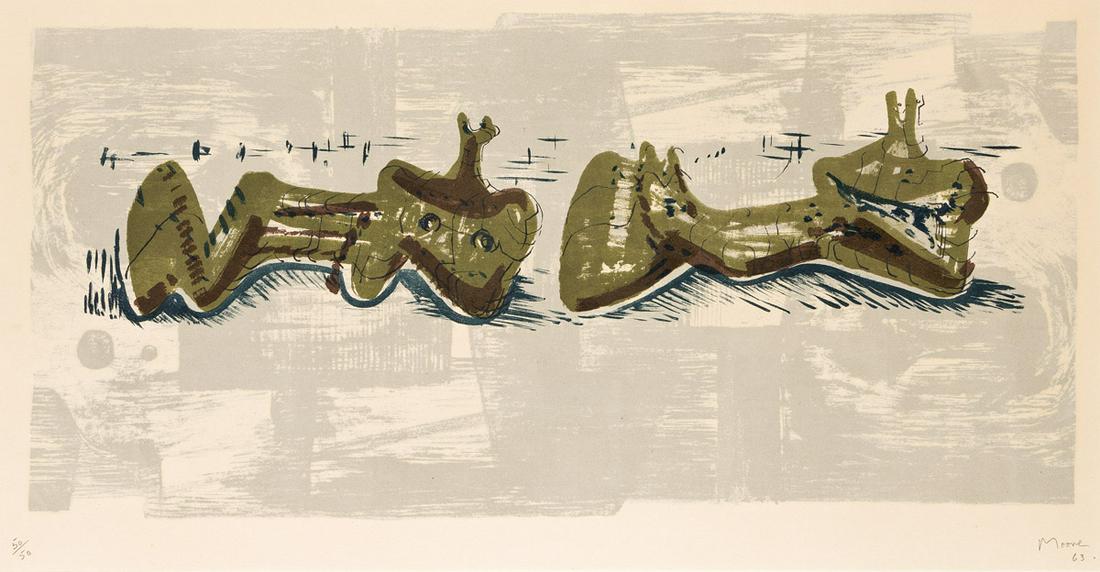 HENRY MOORE Two Reclining Figures with River Background. Color lithograph, 1963. 305x629 mm; (1 of 1)