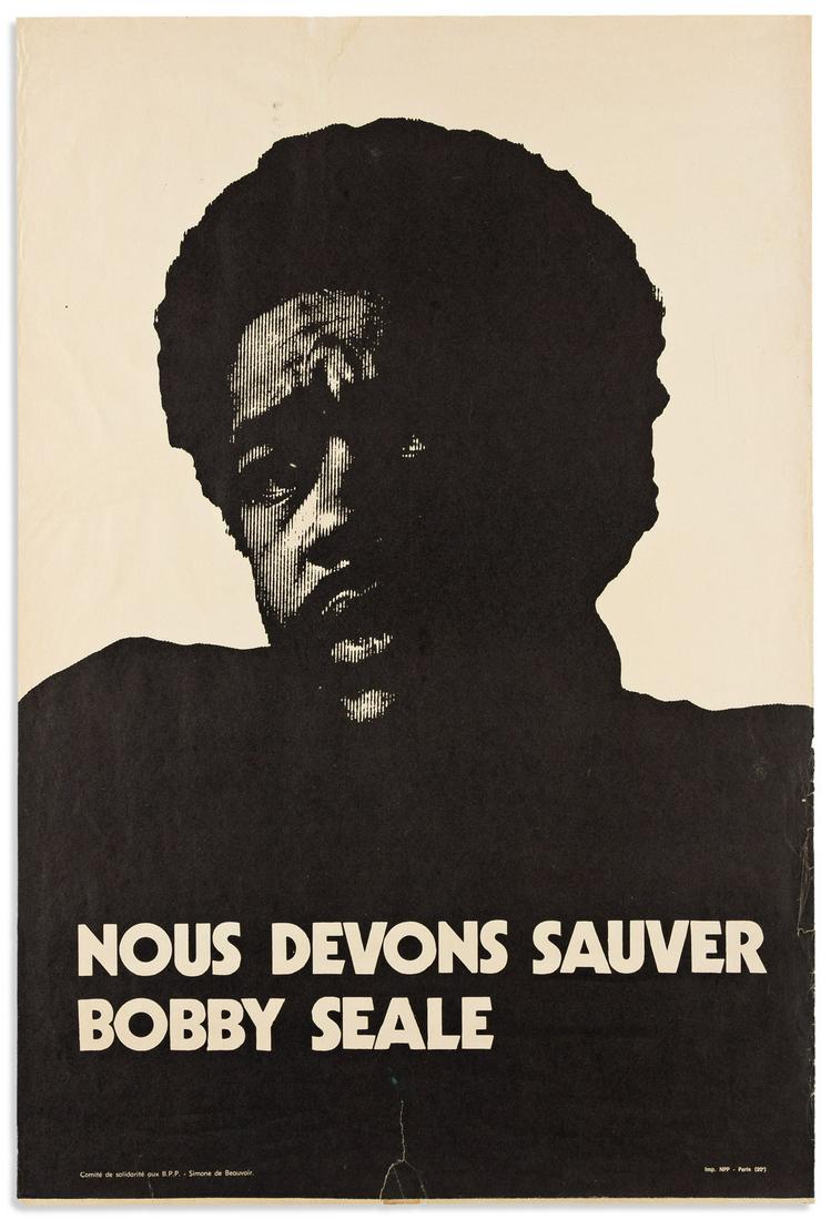(BLACK PANTHERS.) Nous Devons Sauver Bobby Seale.: (BLACK PANTHERS.) Nous Devons Sauver Bobby Seale. Poster, 24½ x 16½ inches; 2-inch and ½-inch repaired closed tears on bottom edge, mount remnants on verso, other minor wear. Paris: Com